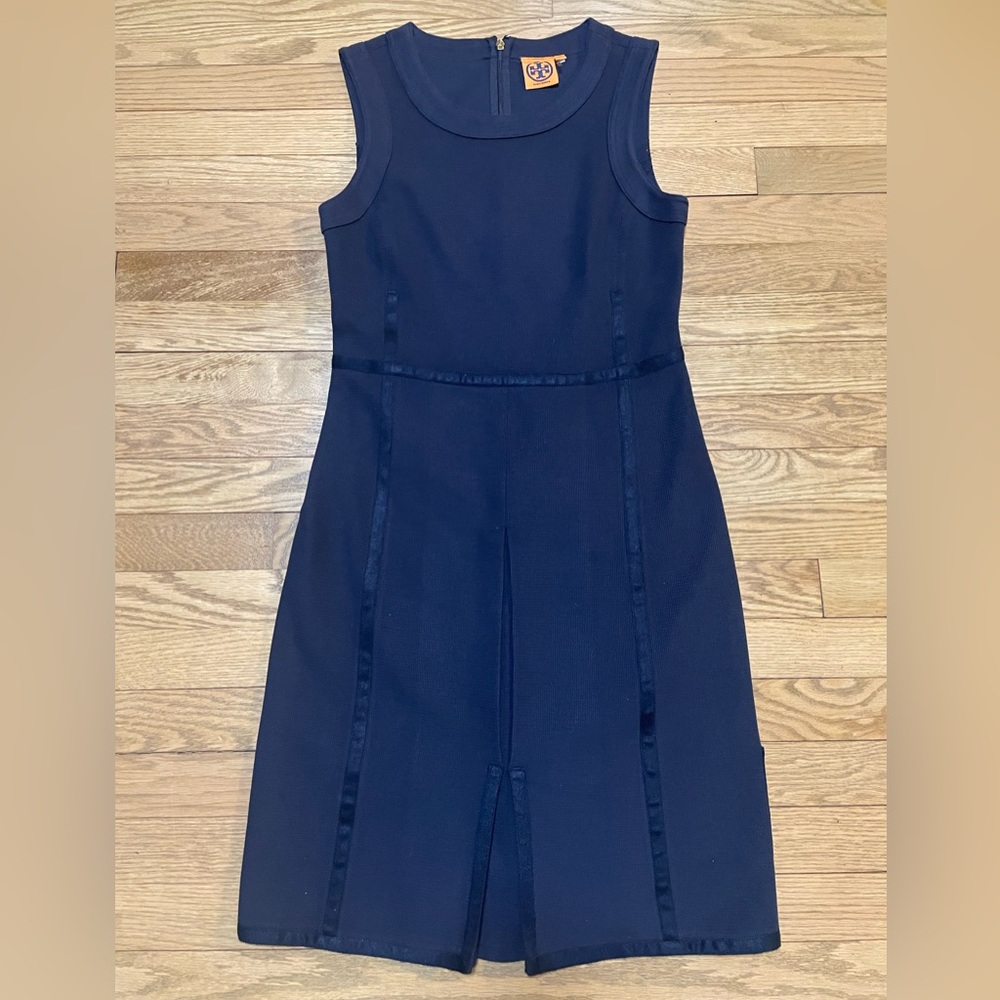 TORY BURCH Pleat Front Cotton Blend Sleeveless Sheath Navy Blue Midi Dress